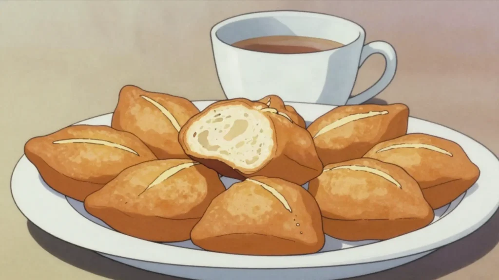Mandazi, lightly sweet cardamom fried doughnut squares, chai companion, Kenya snack, anime style