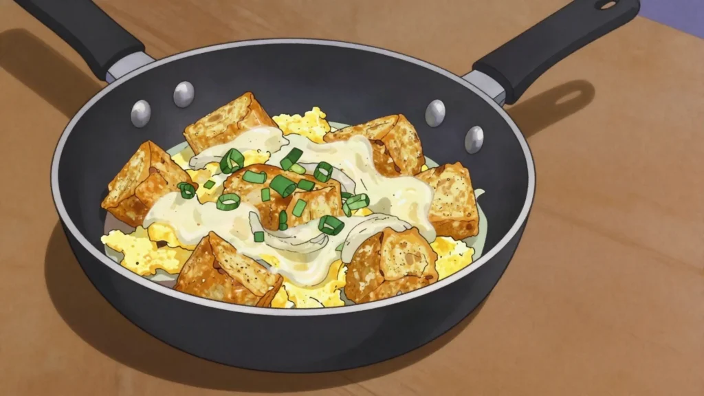 Mandi'o chyryry, boiled cassava fried with egg, onion and cheese, Paraguay salad & side, anime style