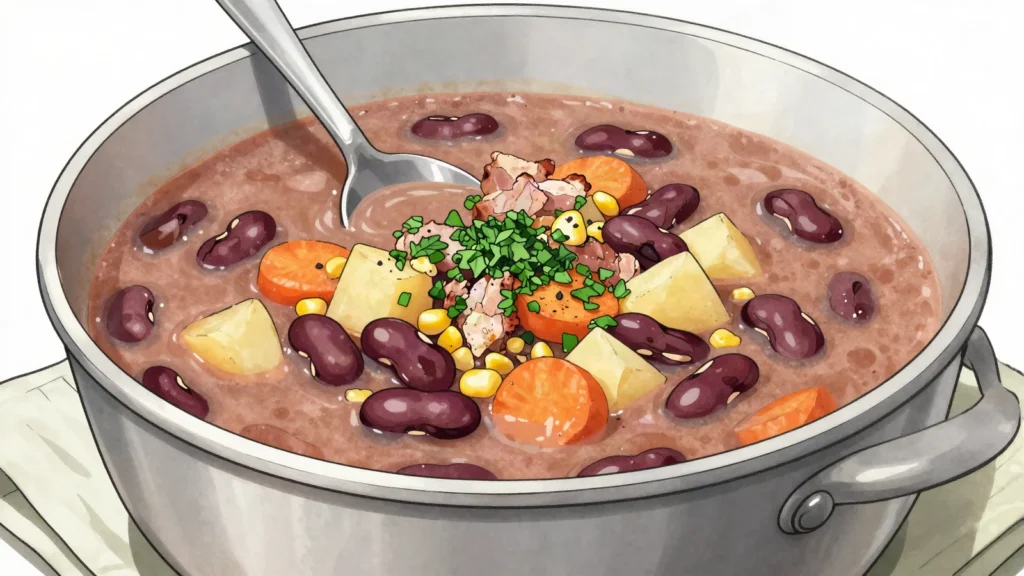 Maneštra, istrian bean and vegetable pot, cousin of minestrone, Croatia soup & stew, anime style