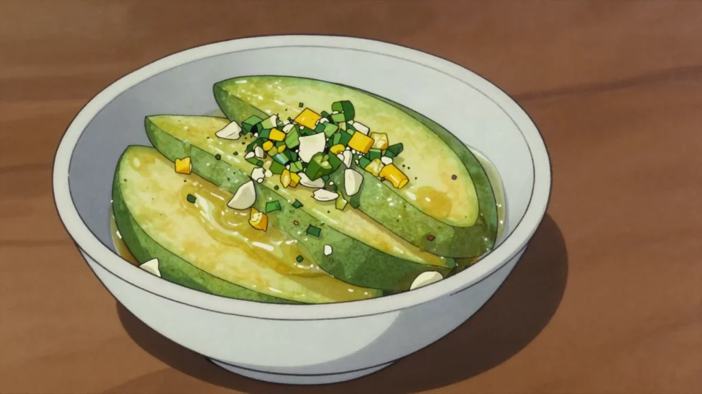 Mango chow, green mango in lime, garlic, pepper, chadon beni, Trinidad and Tobago snack, anime style