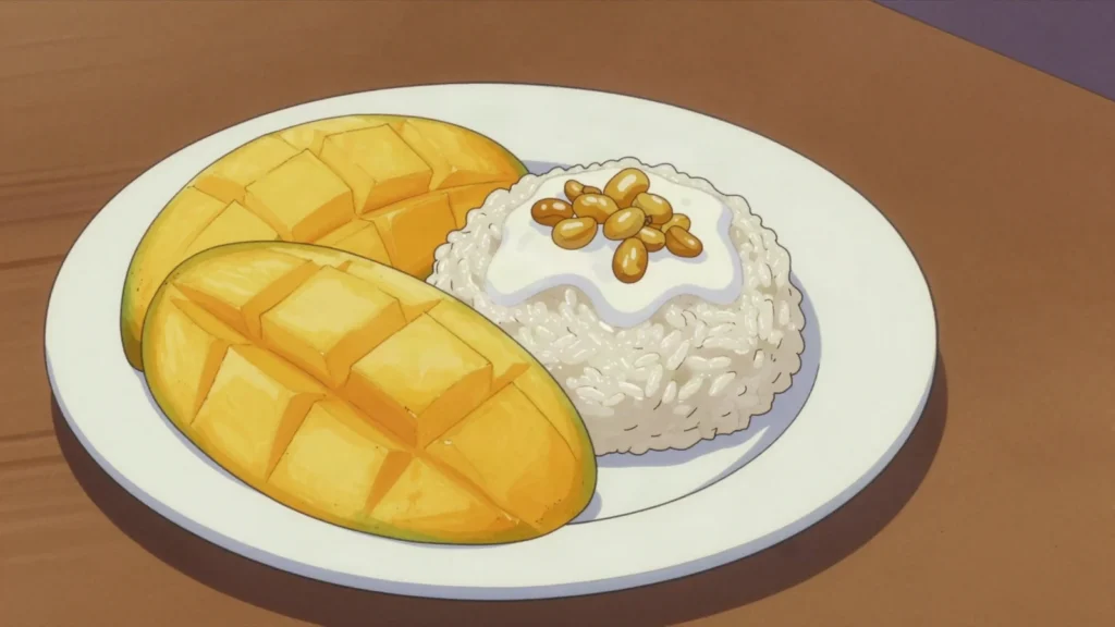 Mango Sticky Rice, ripe mango with coconut-cream sticky rice, hot-season treat, Thailand dessert, anime style
