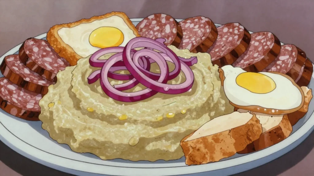 Mangú, mashed green plantains with pickled onion, fried cheese, salami, egg, Dominican Republic breakfast, anime style