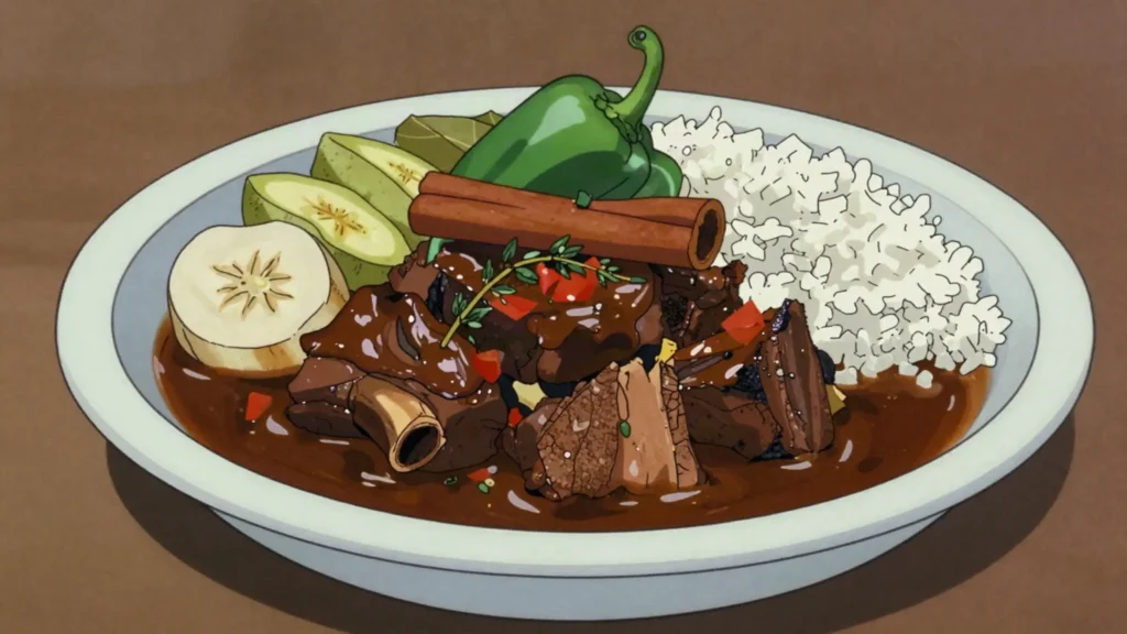Manicou, smoked opossum stewed with rum, cloves and herbs, Dominica main, anime style