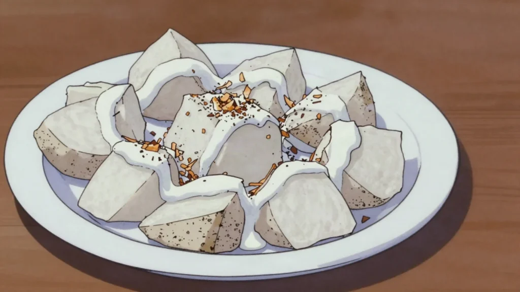 Manioke, boiled cassava served in thick chunks alongside meat and coconut cream, Tonga salad & side, anime style