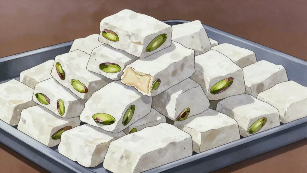 Mann al-sama, white nougat of wild manna whipped with egg white and pistachios, Iraq dessert, anime style