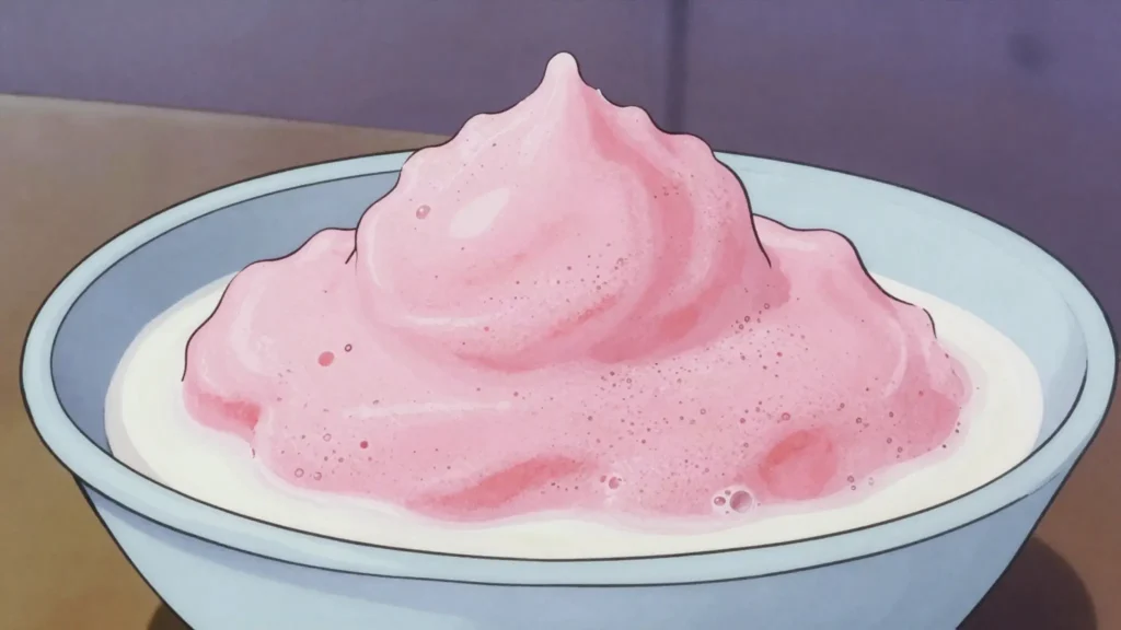Mannavaht, semolina whipped with berry juice into a pink foam, served with milk, Estonia dessert, anime style