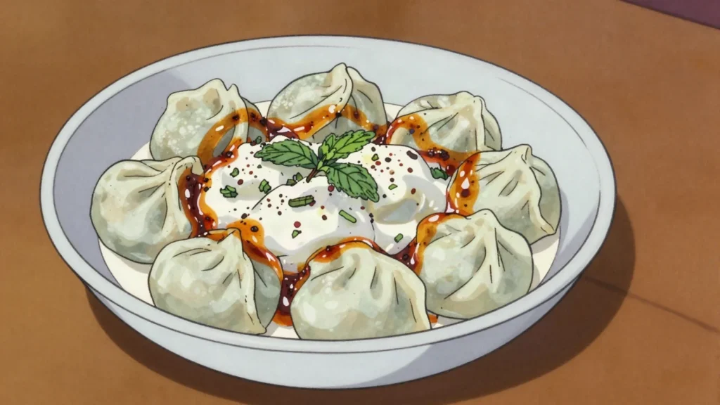 Manti, tiny beef dumplings under garlic yogurt, chili butter and dried mint, Turkey main, anime style
