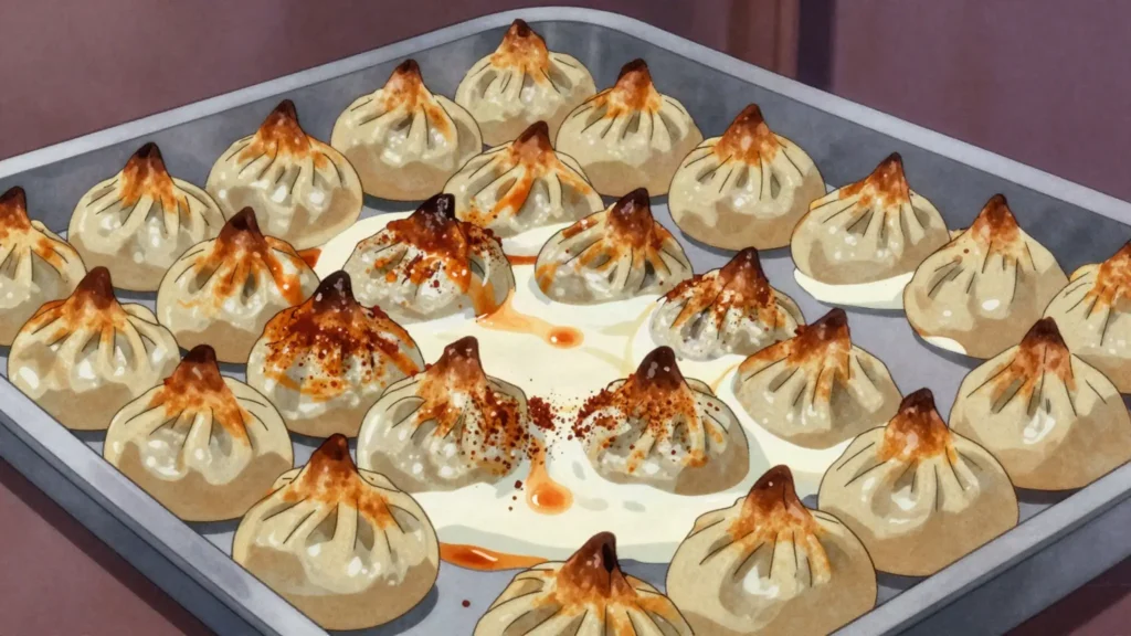 Mantia, tiny baked meat dumplings with garlic yogurt, Prizren specialty, Kosovo street food, anime style
