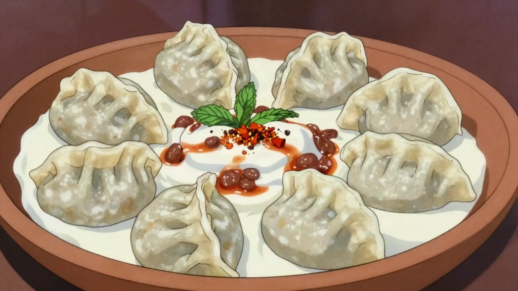 Mantu, steamed beef-and-onion dumplings topped with yogurt, lentils and dried mint, Afghanistan main, anime style