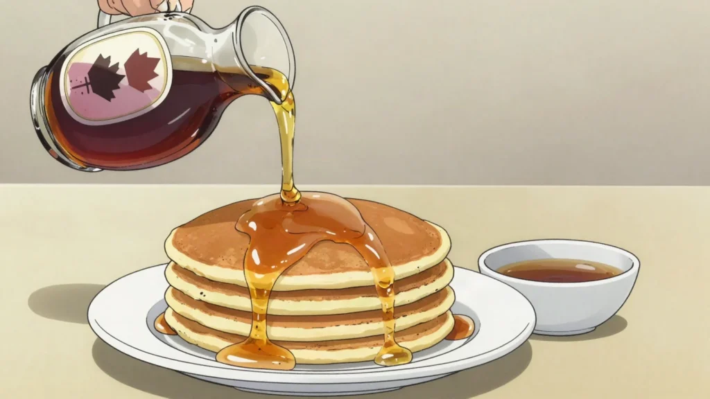 Maple syrup, boiled maple sap poured over pancakes; Quebec makes most of the world's, Canada sauce & condiment, anime style