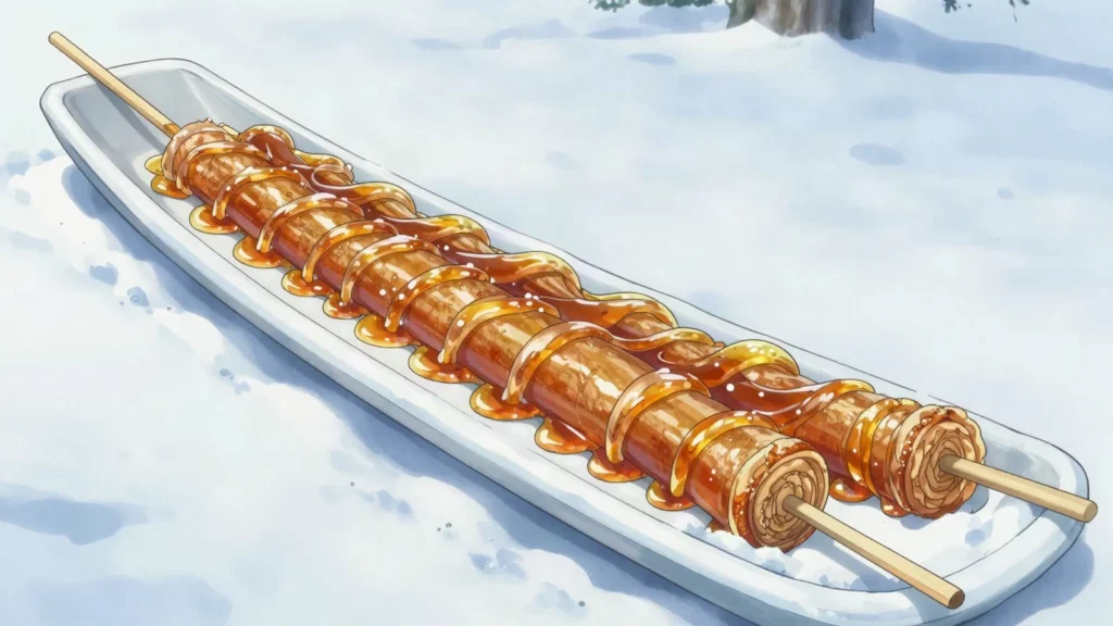 Maple taffy, hot maple syrup poured on snow, rolled onto a stick, Canada snack, anime style