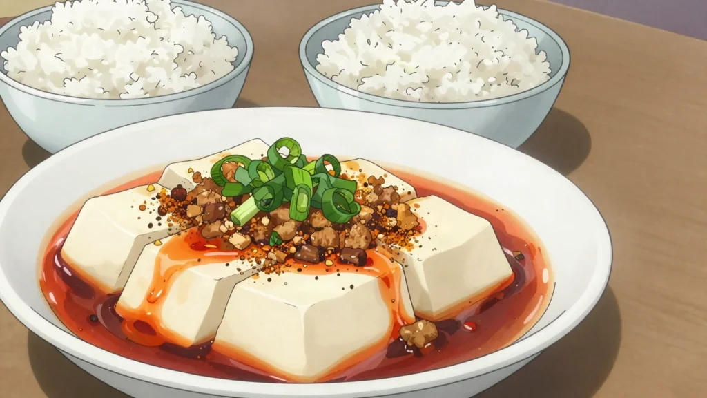 Mapo Tofu, sichuan tofu in fiery chili-bean sauce with minced pork and numbing peppercorns, China main, anime style