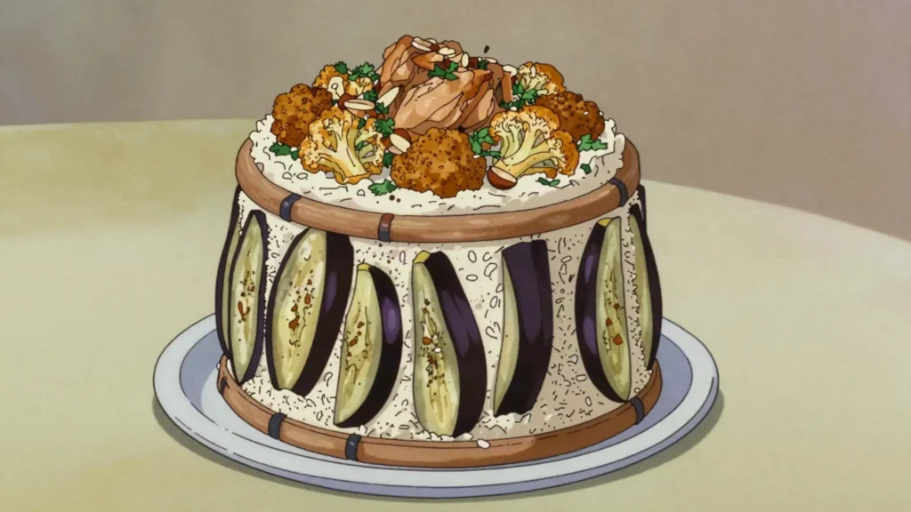 Maqluba, flipped rice-vegetable-chicken pot, Friday family centerpiece, Jordan main, anime style