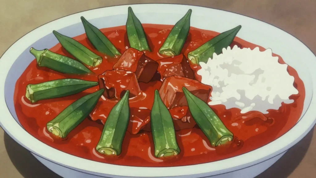 Margat bamia, okra and lamb stew soured with tamarind, eaten over rice, Iraq soup & stew, anime style