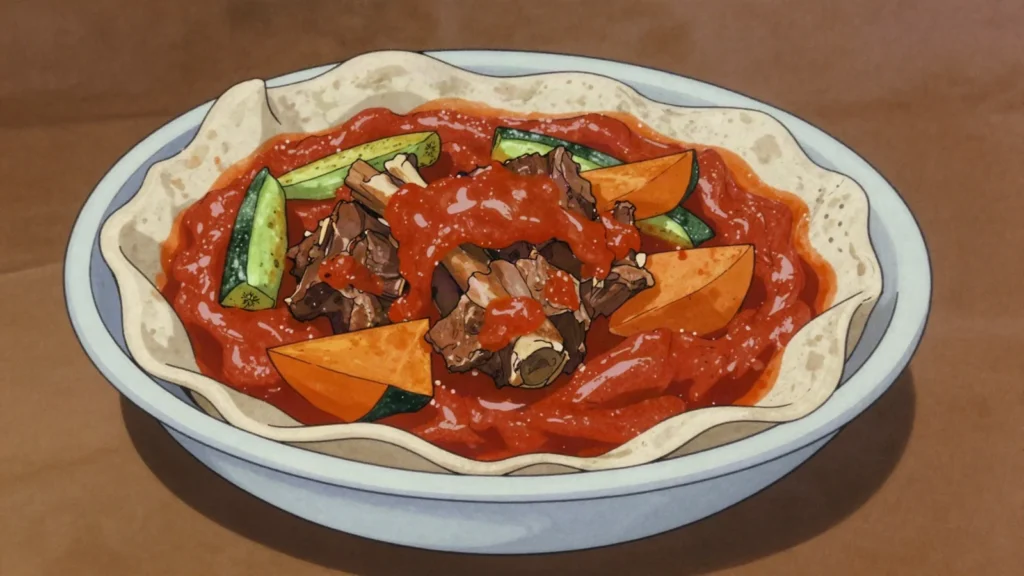 Margoog, vegetable-lamb stew simmered with thin whole-wheat dough sheets, Saudi Arabia soup & stew, anime style