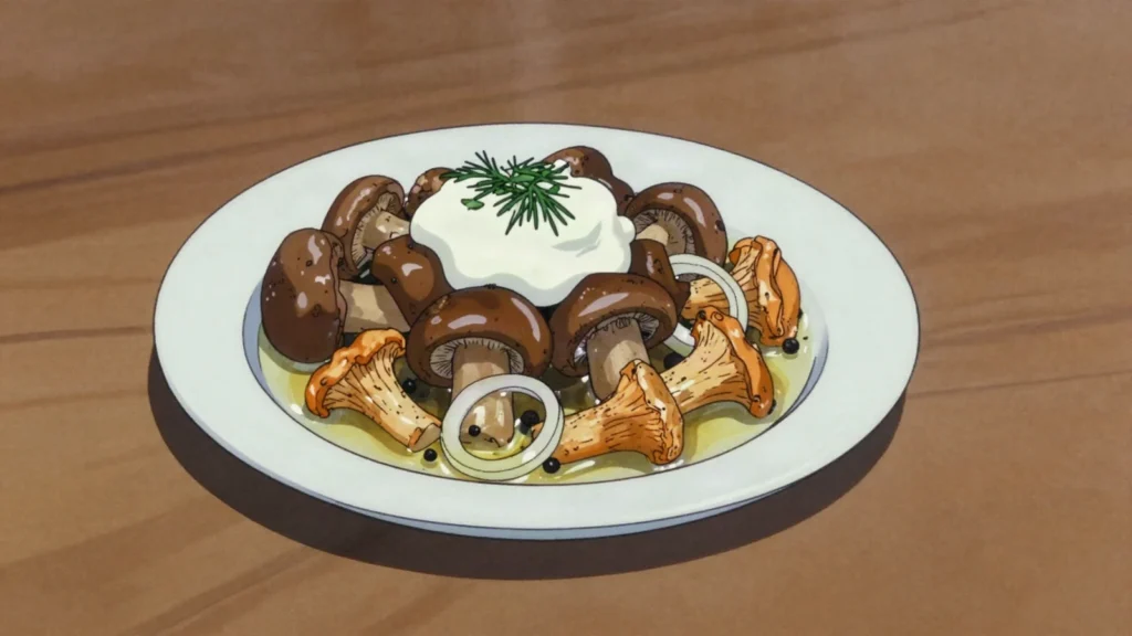 Marinētas sēnes, boletus and chanterelles preserved in vinegar with onion and pepper, Latvia fermented & pickled, anime style