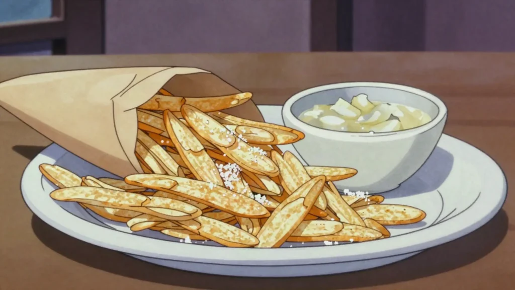 Mariquitas, paper-thin fried green plantain chips eaten with mojo, Cuba snack, anime style