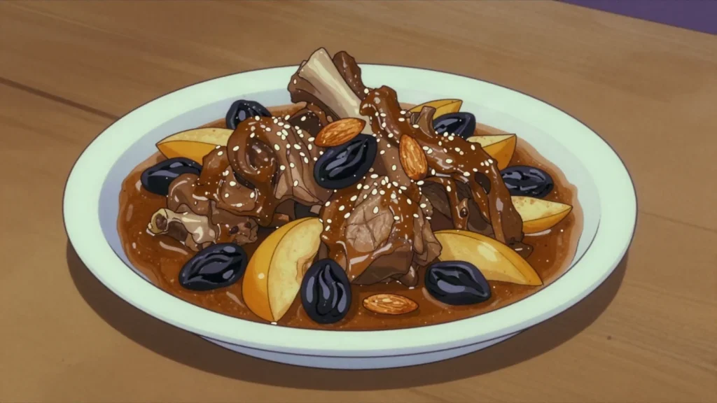 Marka hlowa, sweet lamb stew with quince, prunes or dried fruit and cinnamon, Tunisia soup & stew, anime style