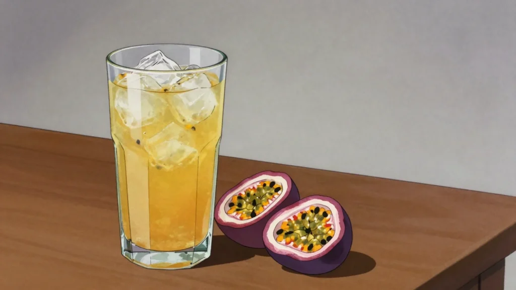 Markusa, cold sweetened passionfruit juice, sold at roadside stalls, Suriname drink, anime style