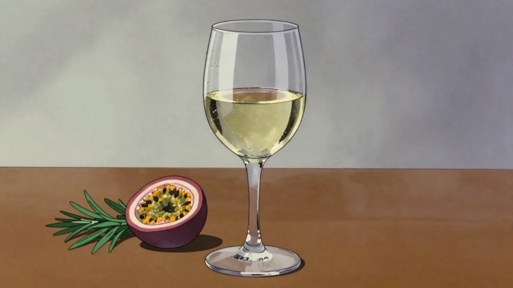 Marlborough Sauvignon Blanc, pungent grassy white with passionfruit and cut-grass, New Zealand wine & spirit, anime style
