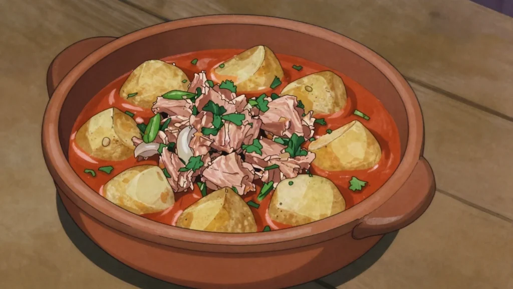 Marmitako, basque tuna, potato and pepper stew cooked in one pot, Spain soup & stew, anime style