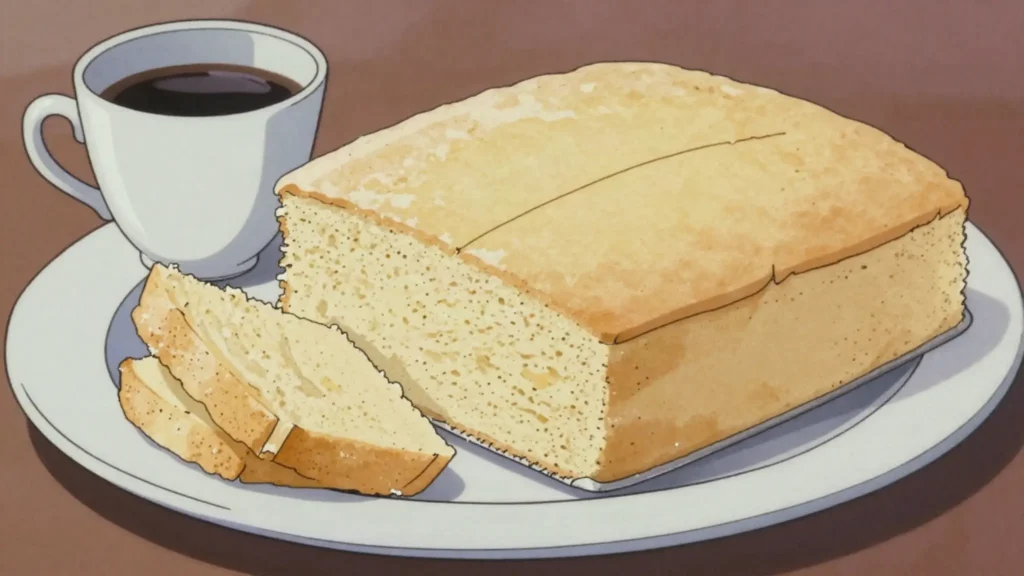 Marquesote, light cornstarch and egg sponge cake eaten with morning coffee, El Salvador bread & pastry, anime style