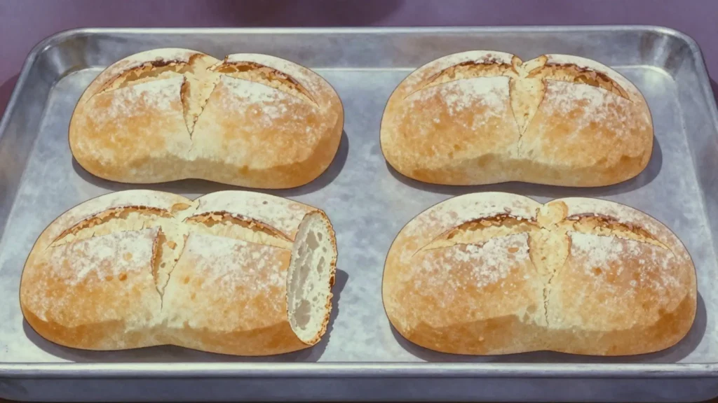 Marraqueta, crackly-crusted double bread roll, the national daily loaf, Chile bread & pastry, anime style
