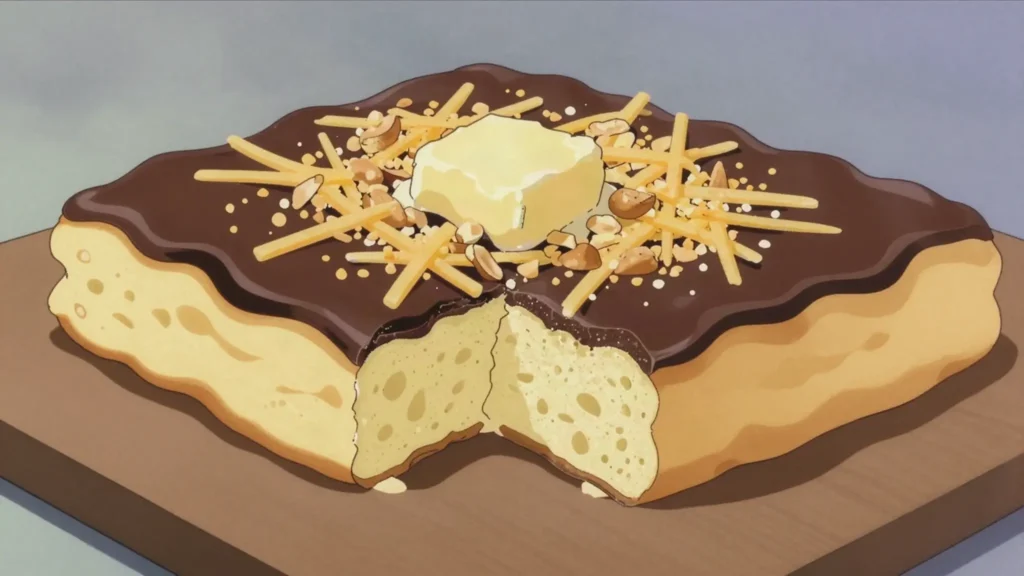 Martabak, thick stuffed pancake, sweet with chocolate or savory with egg, Indonesia street food, anime style