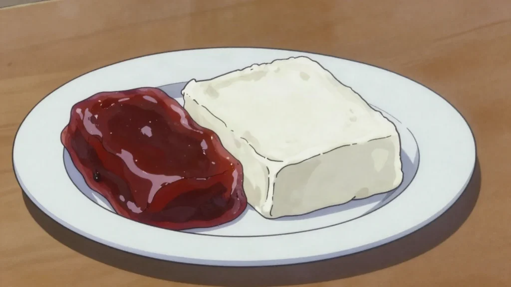 Martín Fierro, quince paste with a slice of fresh cheese, simple finish, Uruguay dessert, anime style