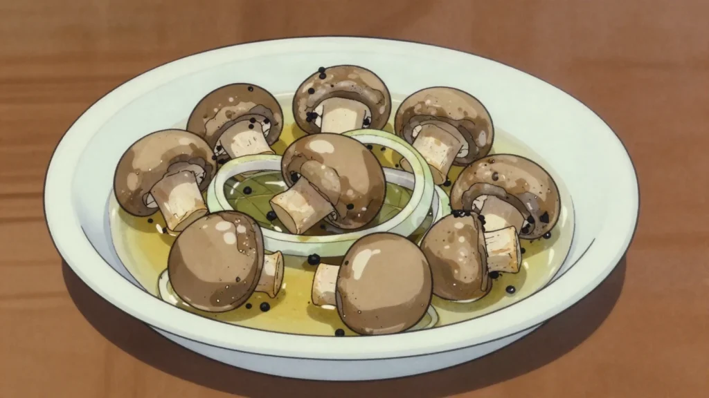 Marynavanyya hryby, forest mushrooms preserved in vinegar brine with peppercorns, Belarus fermented & pickled, anime style