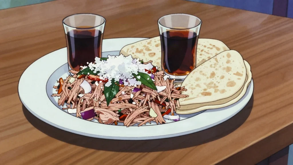 Mas Huni, shredded smoked tuna with coconut, onion and chili, scooped with roshi, Maldives breakfast, anime style