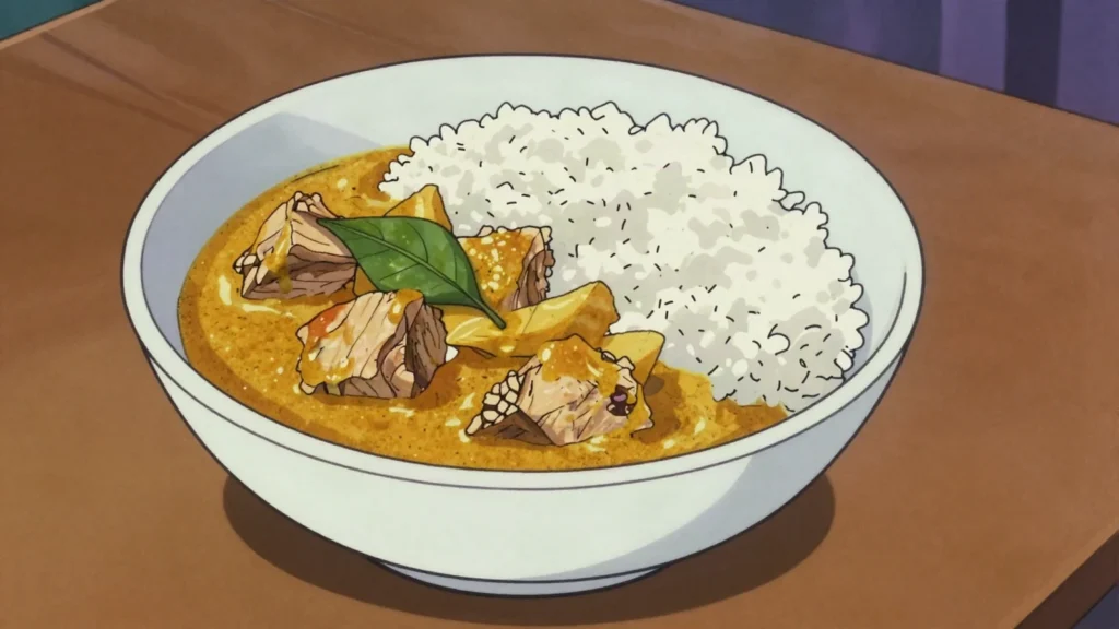 Mas Riha, maldivian tuna curry with curry leaves and coconut milk, Maldives main, anime style