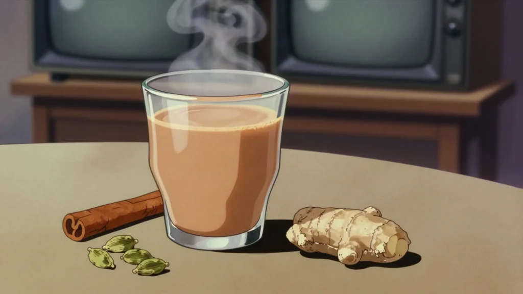 Masala Chai, milky black tea boiled with ginger and warming spices, India drink, anime style