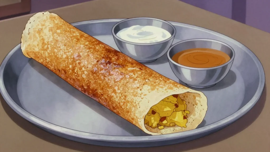 Masala Dosa, crisp fermented rice-lentil crepe with spiced potato, chutney and sambar, India breakfast, anime style