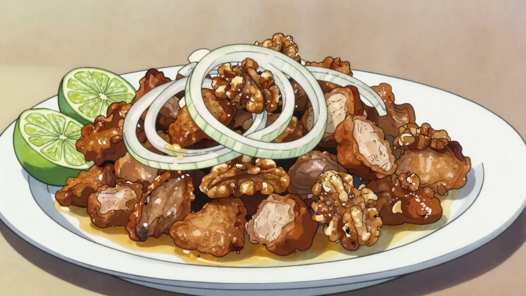 Masas de puerco fritas, chunks of pork simmered then fried crisp, squeezed with lime and mojo, Cuba snack, anime style