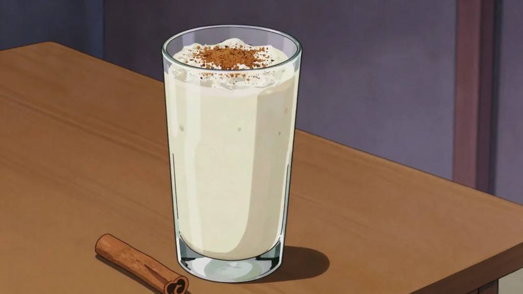Masato, lightly fermented rice or maize drink sweetened with panela and cinnamon, served cold, Colombia drink, anime style