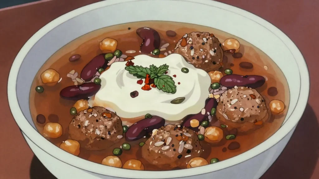 Mashawa, thick soup of mixed beans and chickpeas with tiny meatballs, finished with, Afghanistan soup & stew, anime style