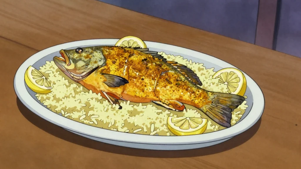 Mashuai, spit-roasted kingfish served with lemon rice, Oman main, anime style