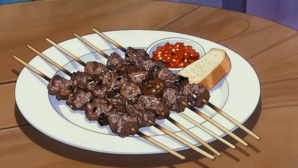 Masikita, tiny zebu skewers grilled and eaten by the dozen, Madagascar street food, anime style