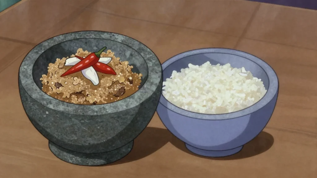 Maskurolhi, pounded paste of tuna, coconut, chilli and lime eaten with rice congee, Maldives sauce & condiment, anime style