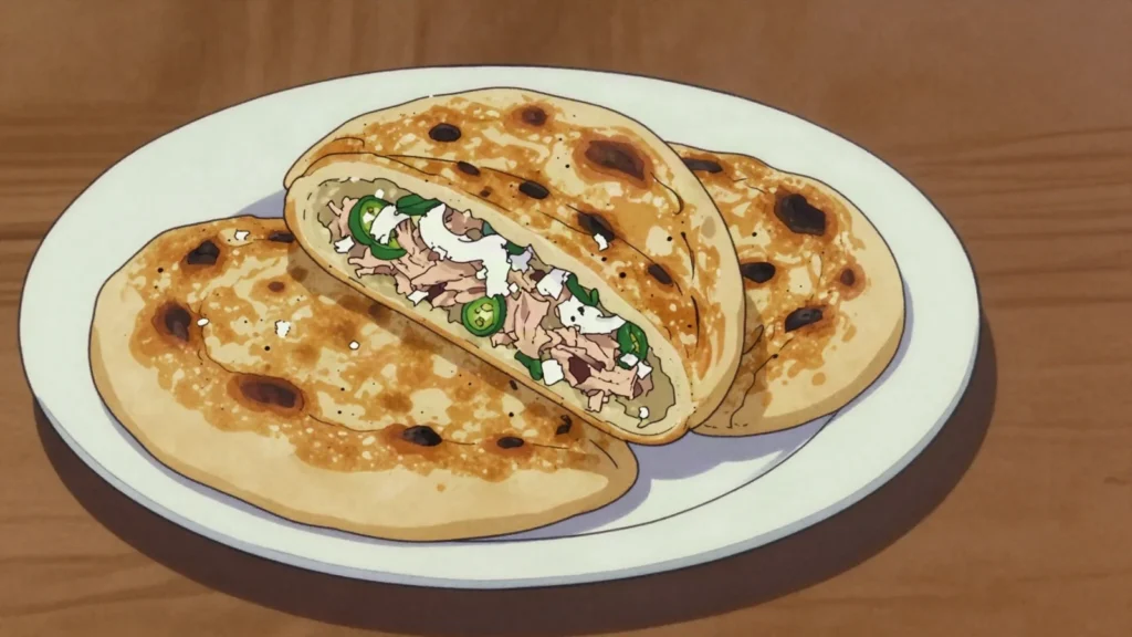 Masroshi, flatbread stuffed with tuna, coconut, onion and chilli, griddled until charred, Maldives street food, anime style
