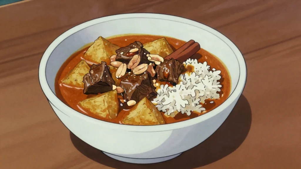 Massaman Curry, mild Muslim-influenced curry with beef, potato, peanuts and warm spices, Thailand main, anime style