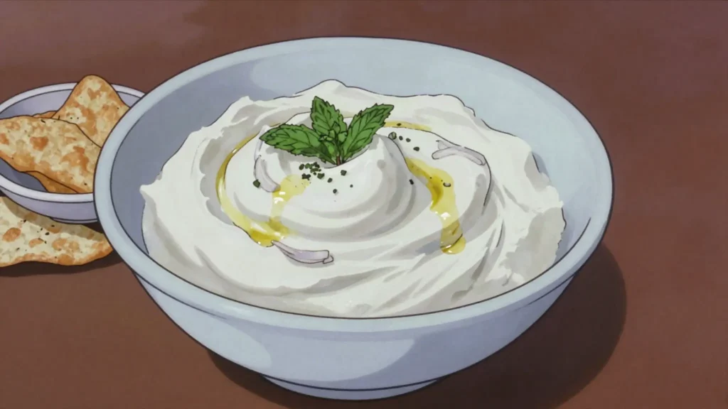 Mast-e Musir, thick yoghurt mixed with soaked wild shallot, eaten as dip with crisps or rice, Iran salad & side, anime style