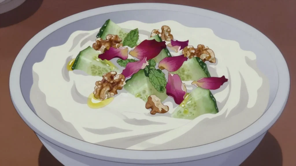 Mast-o khiar, yoghurt with cucumber, mint, walnuts and dried rose petals, Iran salad & side, anime style