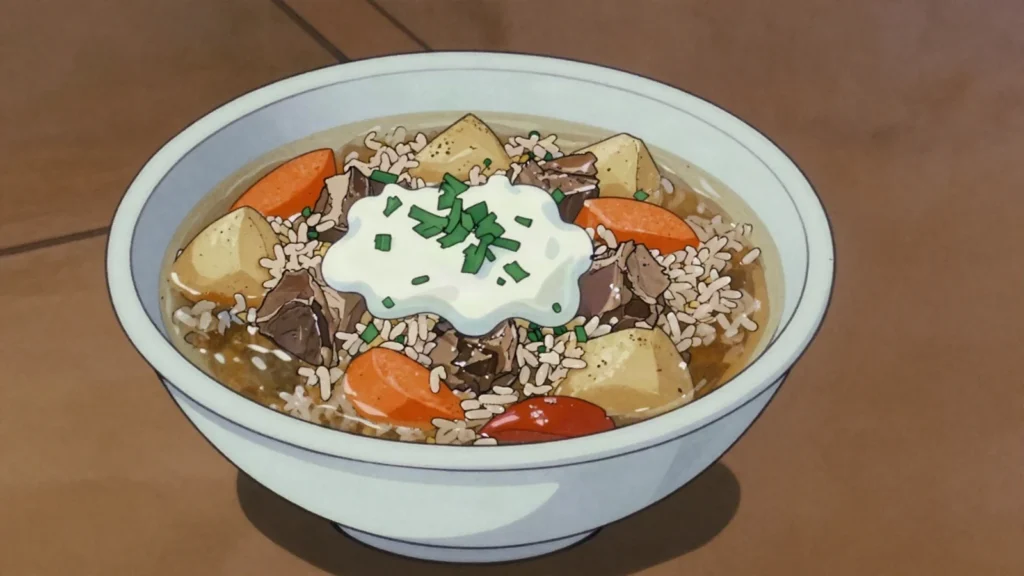 Mastava, sour rice soup with meat and vegetables, Uzbekistan soup & stew, anime style