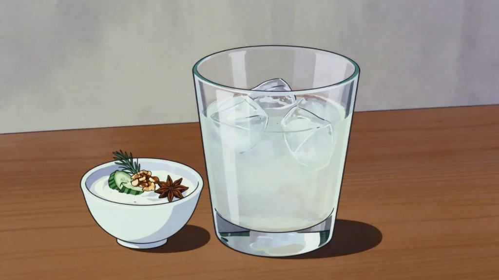 Mastika, strong anise spirit turning cloudy with water, drunk with cold mezes, Bulgaria wine & spirit, anime style