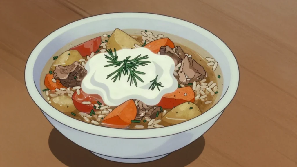 Mastoba, rice and vegetable soup with lamb, finished with plenty of sour milk, Tajikistan soup & stew, anime style
