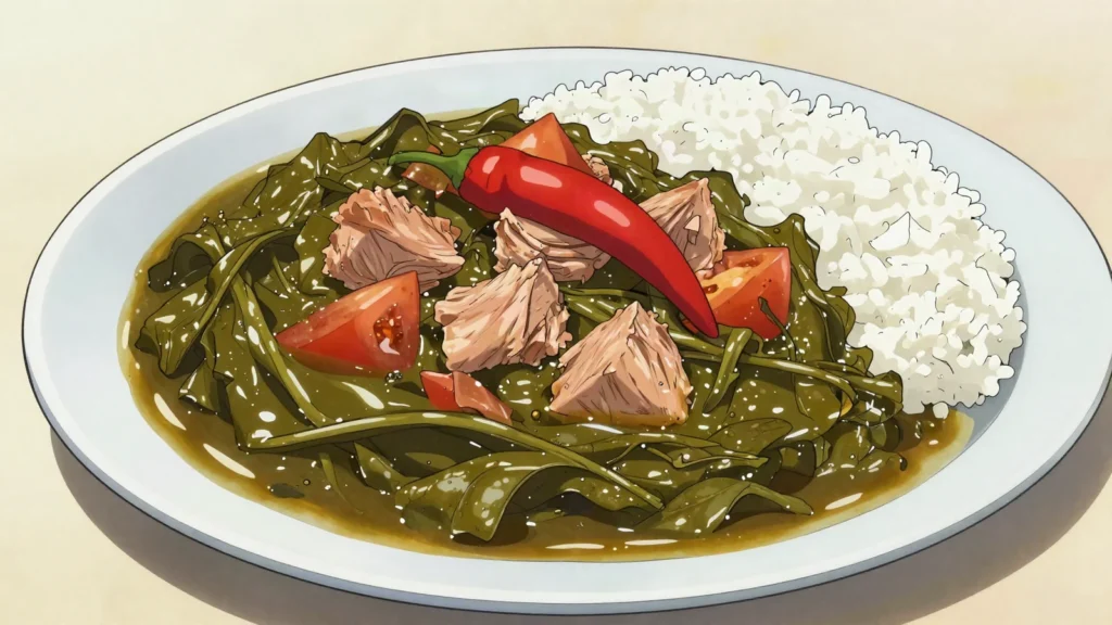 Mataba, cassava leaves slow-cooked in coconut milk, often with tuna, Comoros main, anime style
