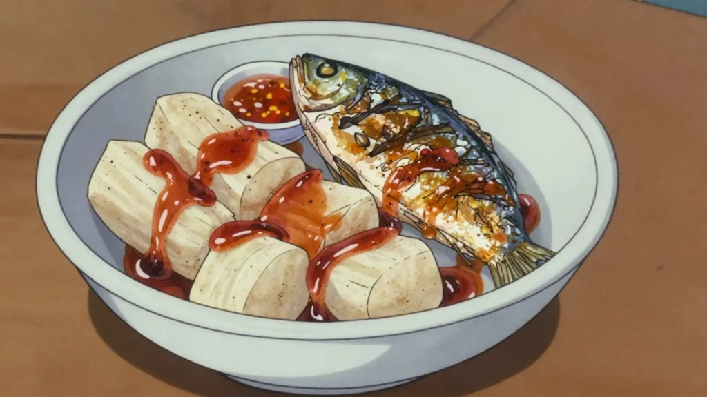 Matabala, boiled tannia cocoyam tubers accompanying fish, São Tomé and Príncipe salad & side, anime style