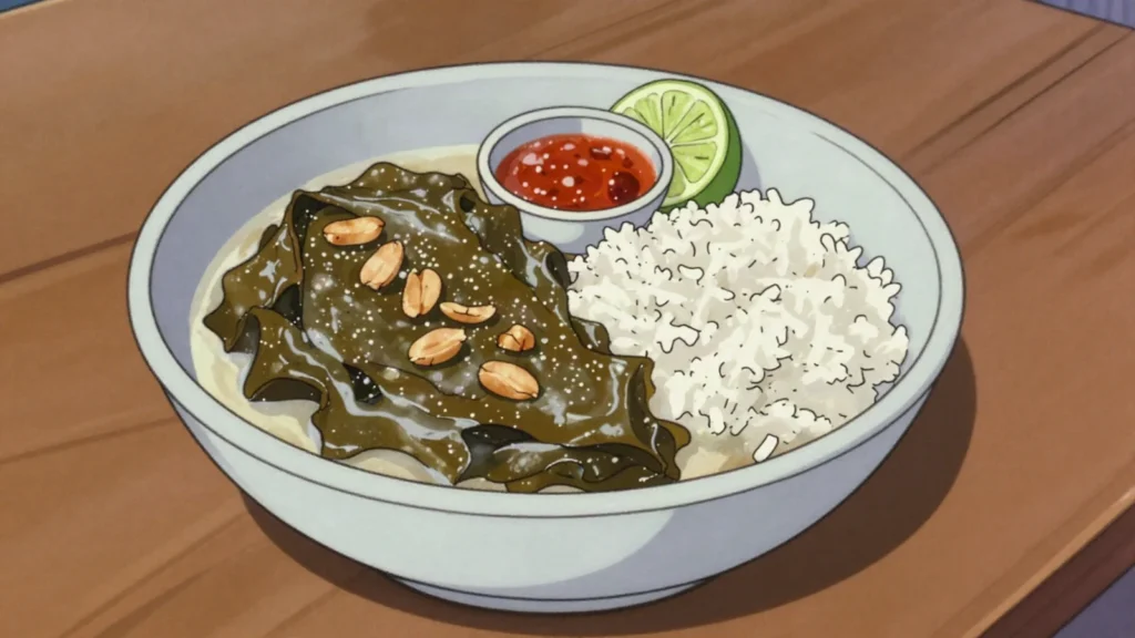 Matapa, cassava leaves ground with peanuts, garlic and coconut milk, Mozambique soup & stew, anime style
